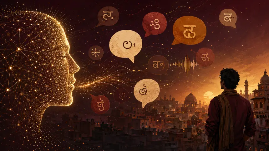 Warm editorial illustration of AI connecting Indian languages and people