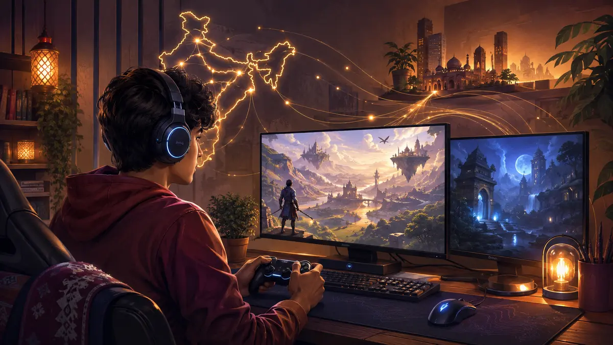 Warm editorial illustration of an Indian gamer and the country’s growing gaming ecosystem