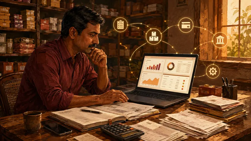 Warm editorial illustration of an Indian small-business operator using practical business software
