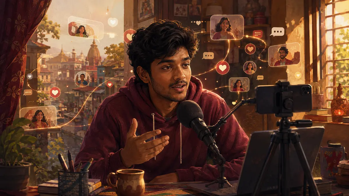 Warm editorial illustration of a small-town Indian creator building an online audience