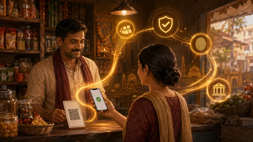 Warm editorial illustration of a UPI payment at an Indian neighborhood shop