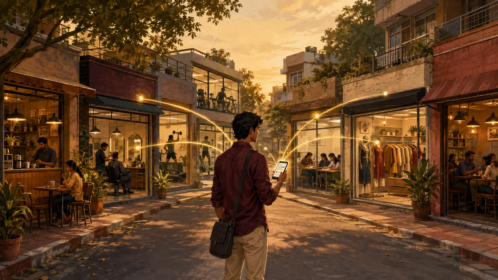 A local social media manager connects with nearby cafés, salons, gyms, shops and restaurants in an Indian neighbourhood.